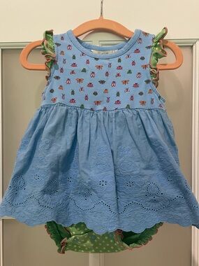 Matilda Jane Light Blue Baby dress romper with Colorful Bug Print